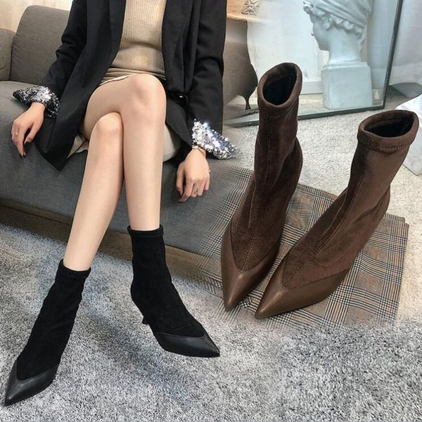 

winter boots women shoes woman boots fashion high-heeled pu stretch fabric socks 2019 winter new short-haired warm, Black