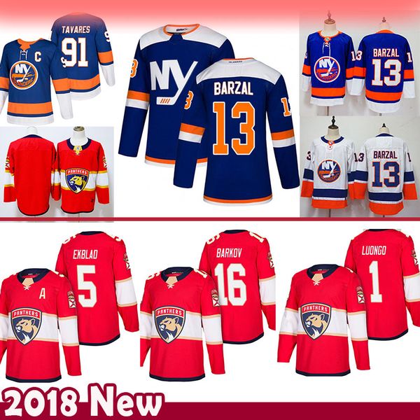 

men 91 john tavares 13 mathew barzal new york islanders hockey jerseys florida panthers 16 aleksander barkov 5 aaron ekblad 1 roberto luongo, Black;red