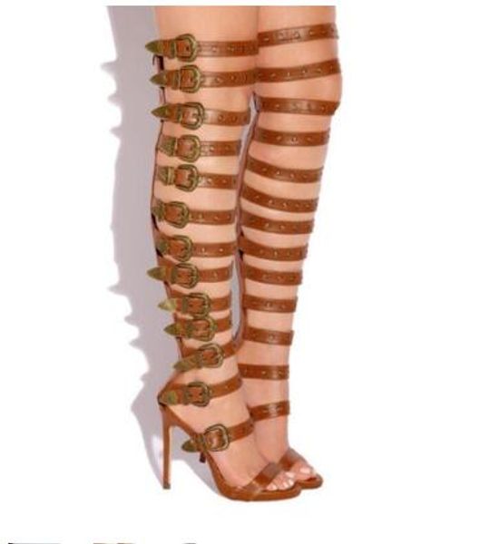 

abesire woman buckles embellished cut-outs gladiator sandals boots girls peep toe over-the-knee boots ladies high heels, Black