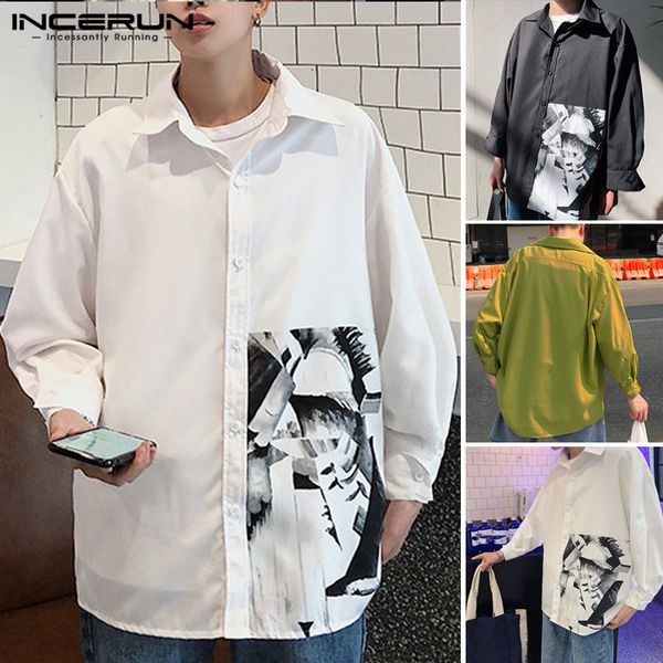

incerun 2020 fashion men long sleeve shirt loose printed lapel brand casual green shirts streetwear chic button male blouse 5xl, White;black