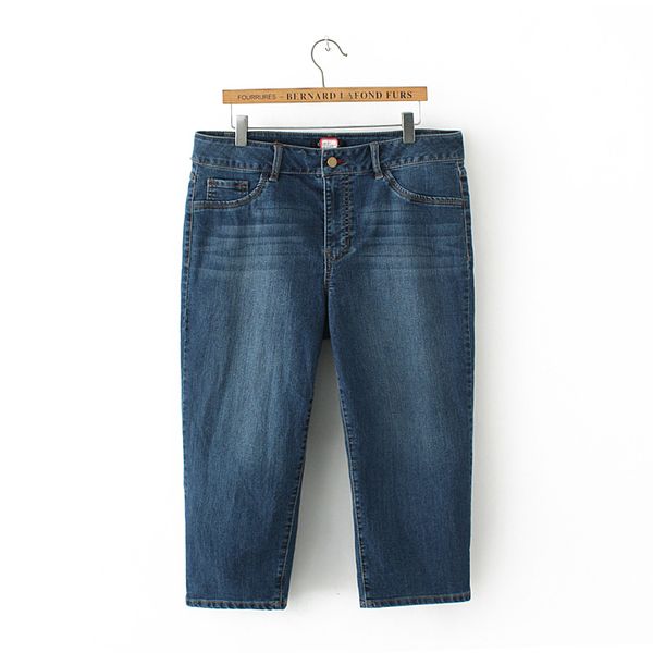 

plus size women fashion water wash straight style high waist denim capris female trendy calf length casual jean cotton bottom, Blue