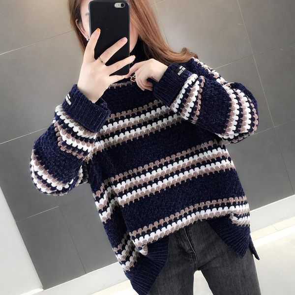 

women's sweaters turtleneck sweater loose outerwear autumn and winter 2021 rainbow stripe gold velvet chenille pullover shirt, White;black