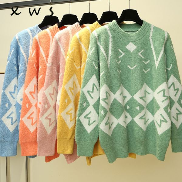 

large plus size women sweaters loose o-neck jumpers knitted print christmas pullovers korean streetwear pull hiver femme 2019, White;black