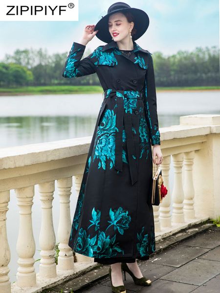

fashion women floral printing trench double-breasted suit collar black x-long coat elegant slim waist parkas vintage coat z017, Tan;black