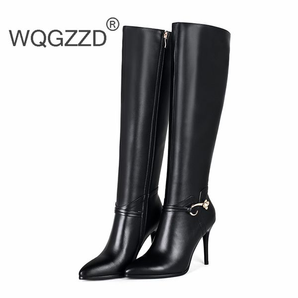 

brand high boots women's over the knee boots cow leather simple and elegant europe america winter shoes women's high mujer, Black