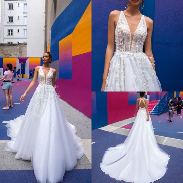

2019 latest wedding dresses deep v neck backless lace appliqued feather bridal gowns sweep train a line wedding dress robe de mariee, White