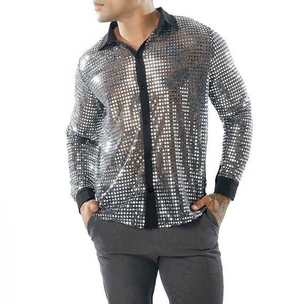 

2019 new men's sequin transparent shirt black see through shirt male long sleeve nightclub shiny gold s-2xl, White;black