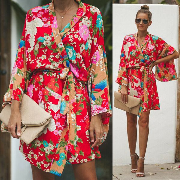 

2019 new women's boho floral open capes casual coat loose blouse kimono long cardigan vintage coats fashion outfits, Black;brown
