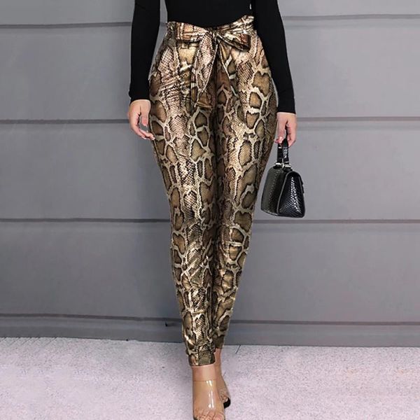 

fashion women snake print high waist bandage stretch pencil slim pants elegant ladies pantalon femme trousers streetwear, Black;white