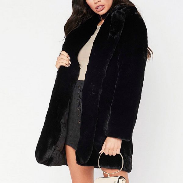 

thicken faux fur coat women autumn winter warm soft loose fleece faux jacket lady mid-length lapels plush casual overcoat 2019, Black