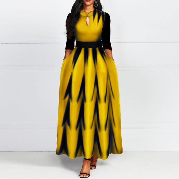 

yellow long a line dress elegant african 2020 spring summer print office lady dinner women dresses robe casual fashion vestiods, Black;gray