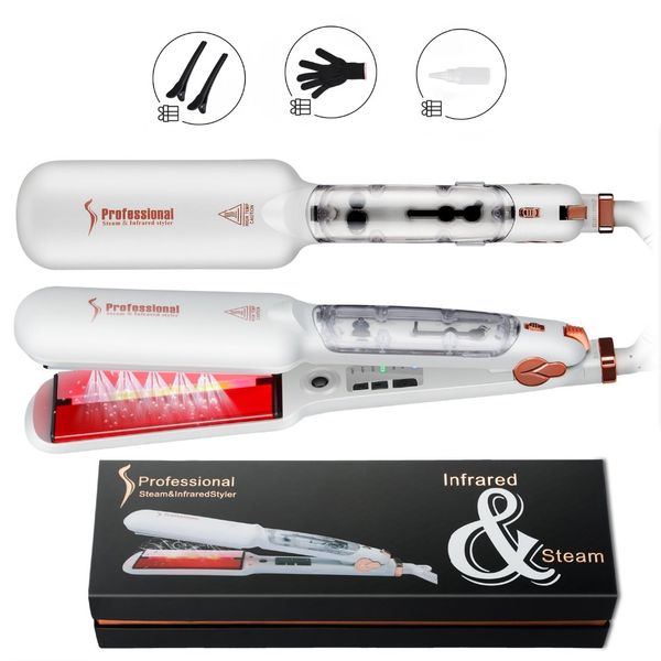 

professional steam hair straightener ceramic vapor infrared heating flat iron steampod salon 2 inch styling tool wet hair styler, Black