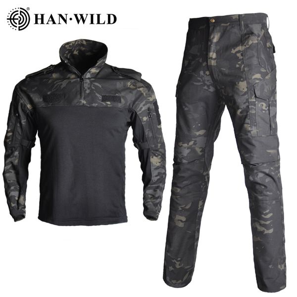 

army uniform bdu camouflage breathable combat suit clothes set quick drying shirts+tactical pants with pads, Gray;blue