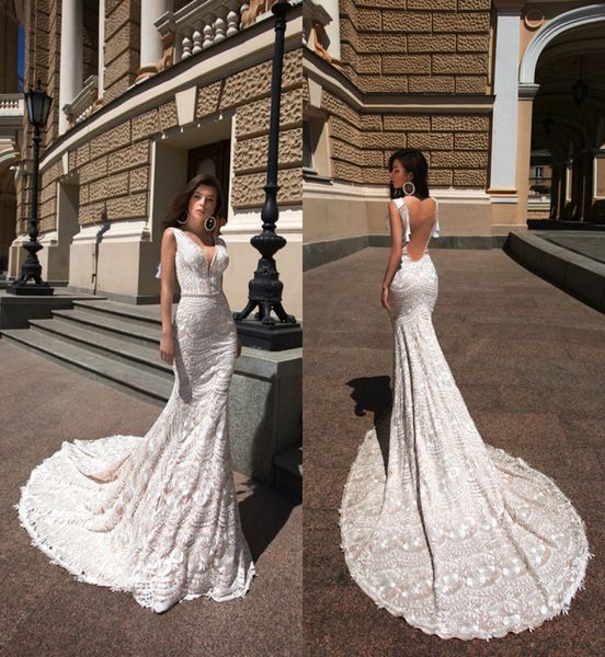 

julie vino mermaid wedding dresses deep v neck lace appliqued sweep train backless wedding dress bead belt country style beach bridal gowns, White