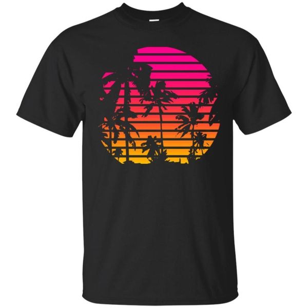 

black, navy t-shirt - sunset palm tree - outrun synthwave new retro wave cartoon t shirt men new fashion tshirt, White;black