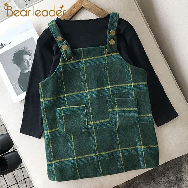 

bear leader girl winter clothing set new autumn kids girl sweater and plaid strap children clothes nifty cute outfits suits 3 7y, White