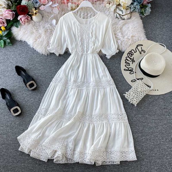 

chic super fairy gentle long a-line dress female sweet lace stitching travel holiday style dress, White