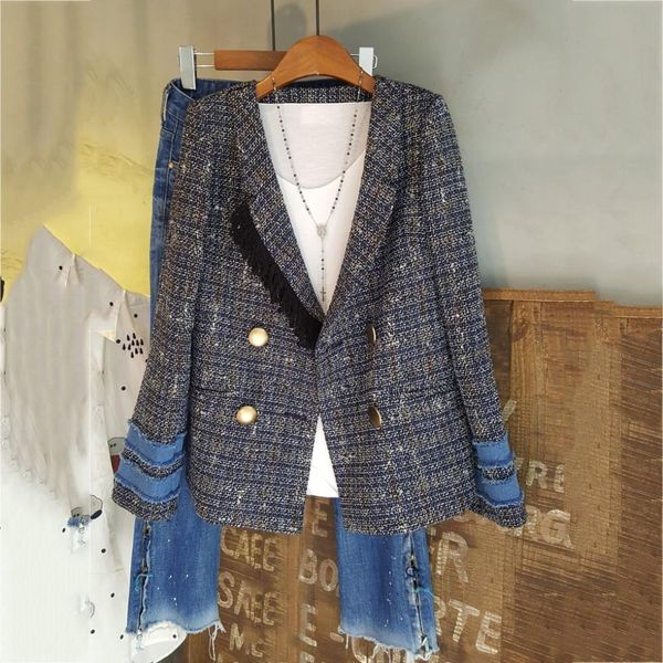

2019 fall plaid patchwork tassel vintage blazer women jacket notched collar slim tweed suit outerwear, White;black