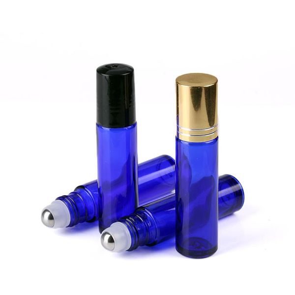 650Pcs Cobalt frascos de vidro azuis rolete de óleo Essencial 1 3oz com SS rolos esferas de vidro Perfumes Lip Balms rolo em garrafas de 10 ml