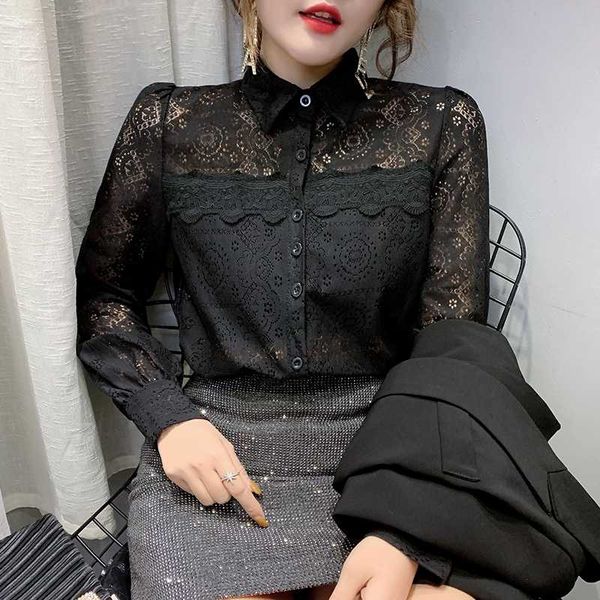 

2020 new spring fashion clothes lace patchwork embroidery blouse women shirt long sleeve ropa mujer slim black white t02518
