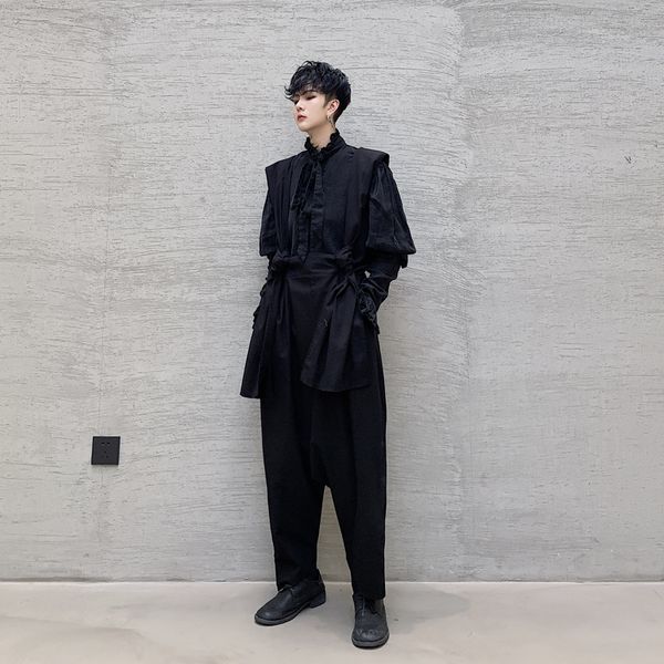 

men loose casual harem bib pant japan man women fashion dark black streetstyle hip hop gothic ankle length pants stage clothing
