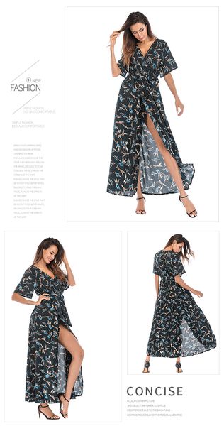 

2020 women's cross-border style long short sleeved floral dress women summer v beach dress holiday in the territorial sea, Black;gray