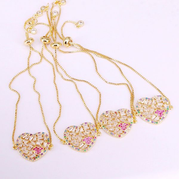

6pcs, fashion heart shape link chain bracelet colorful zirconia adjusted bracelet rainbow cz classic jewelry for women, Black