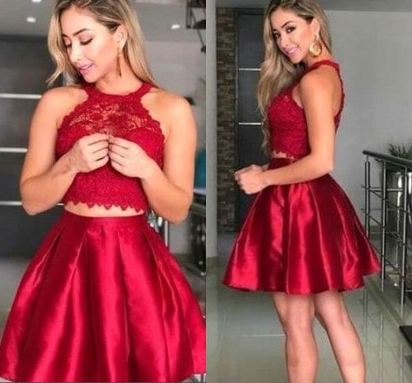 2020 Dark Red Short Graduation Prom Dresses Cheap Halter Lace Top