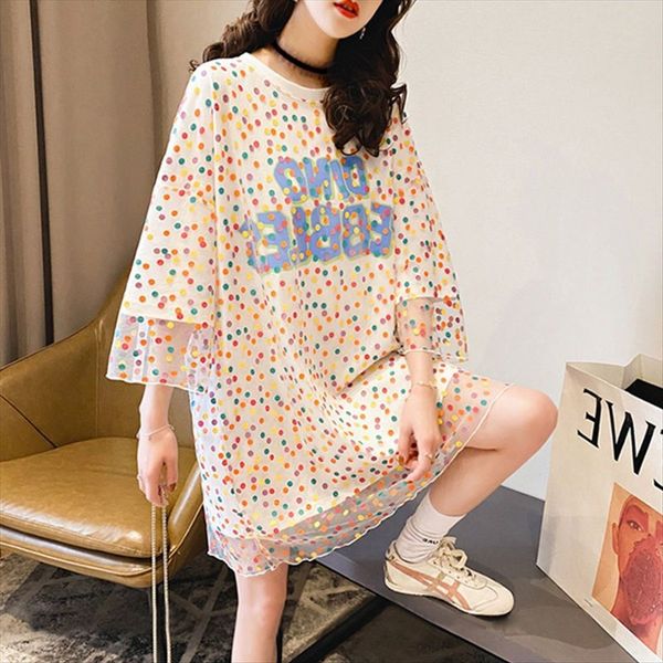 

mesh fake two-piece t-shirt half sleeve t-shirt women's sweet polka dot ins design sense loose niche fashion, White