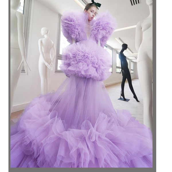 

lavenda fashion v-neck evening dresses ruffle tiered tulle formal party gown zipper back 2020 prom dress robe de soiree, Black