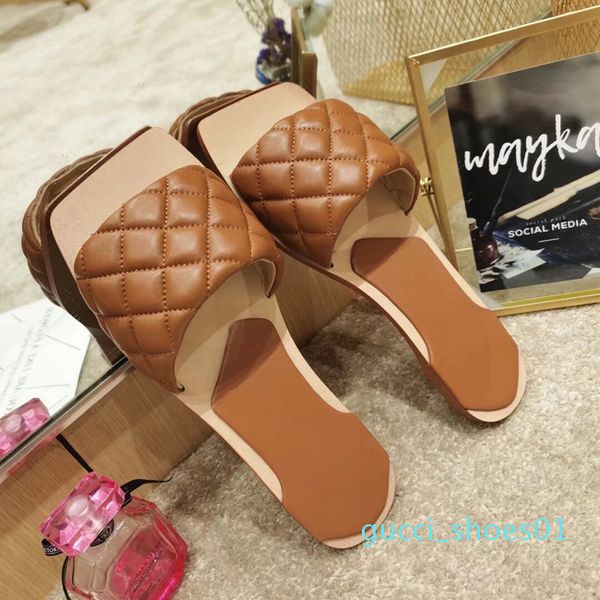 

2020 summer 10 color the latest leather slippers luxury matte leather checked women shoes open-toed women flat heel sandals beach shoes g01, Black
