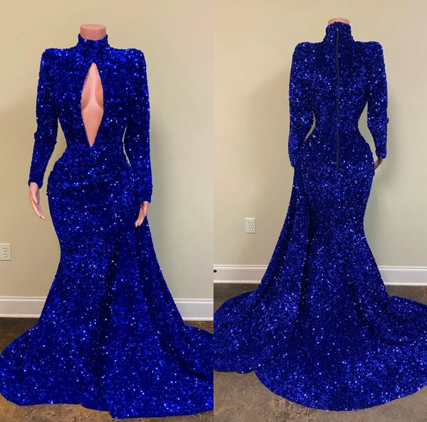 2021 Abiti da sera blu royal Perline di lusso con paillettes Scollo a V alto Sweep Train Mermaid Prom Dress Immagine reale Abiti formali Abiti da festa