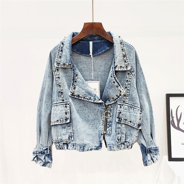 

2019 autumn women's new korean version of heavy work rivets loose wild casual jacket shirt denim short coat, Black;brown