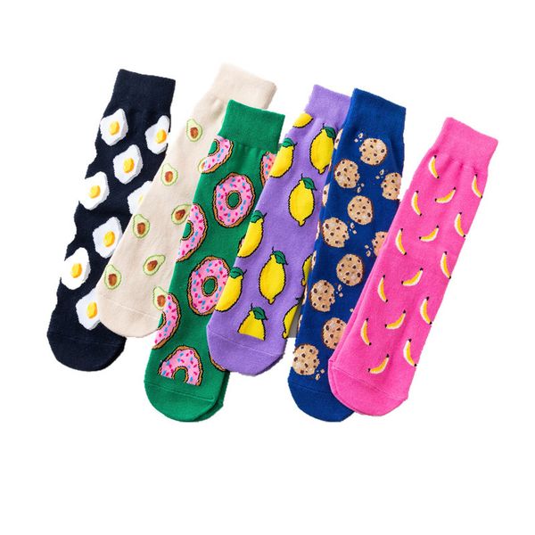 

women socks funny cute cartoon fruits banana avocado lemon egg cookie donuts happy japanese harajuku hip hop cotton socks, Black;white