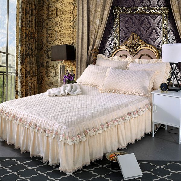 

beige europe style crystal velvet thick bedding bed skirt pillowcase with cotton luxury lace embroidey bedspread bed sheet set