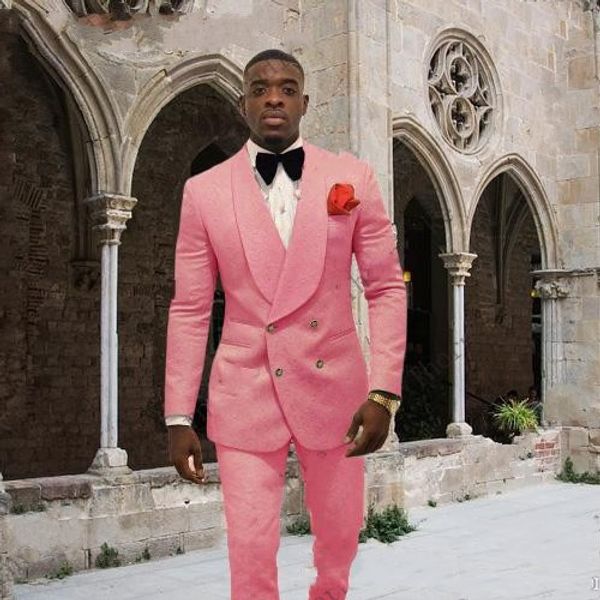 Ярко-розовые мужские свадебные смокинги с тиснением для жениха Мужские модные блейзеры 2 шт. Костюм для выпускного / ужин на заказ (куртка + брюки + галстук) 1601