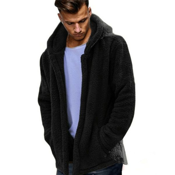 

winter warm men winter thick hoodies fluffy fleece fur jacket hooded coat outerwear long sleeve cardigans, Black