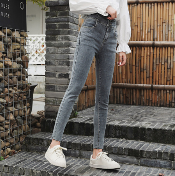 

korean version of skinny high-waisted slim leg jeans female, Blue