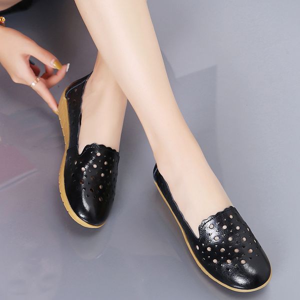 

2020 summer beach woman all-match flats leather shoes slip on comfortable women shoes, Black