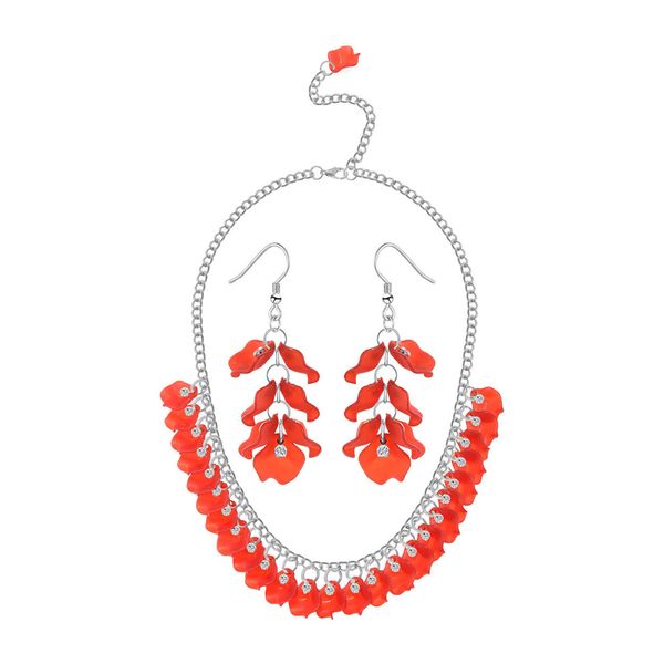 

new arrival womens fashion acrylic statement necklace bright earrings multicolor petals leaf style diamond necklaces earring jewelry set, Silver