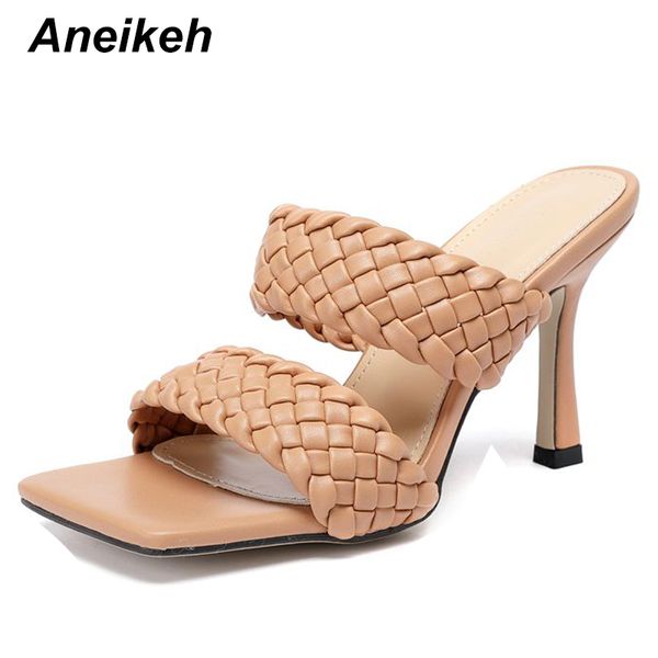 

aneikeh new pu leather braided high heel sandals slippers party shoes woman cross wove folds mules shoes thin heel slippers, Black