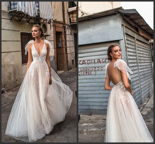 

2020 new elegant lace wedding dresses backless v neckline illusion bodice floor length open back bridal gowns, White