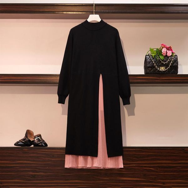 

l-4xl autumn women large size knitting dress winter casual female plus size office knitted dress chiffon stitching sweater, Black;gray