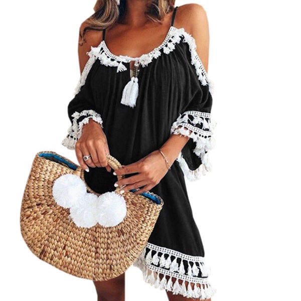 

casual dresses female spaghetti strap boho dress plus size xxxl summer loose beach sundress backless short sleeve tassel women, Black;gray