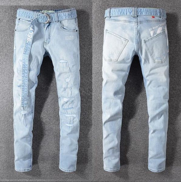 

2020sell fashion brand design summer men's denim skinny biker jean embroidery pants holes jeans button mens long pants a012, Blue