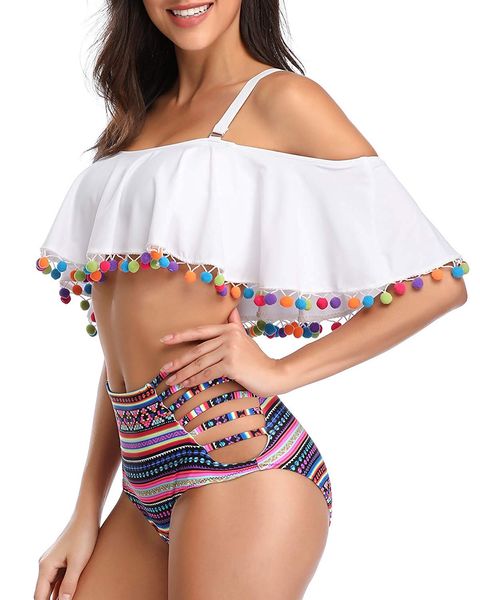 

женщины из двух частей с рюшами оборками с высокой талией бикини вырез купальный костюм, White;black