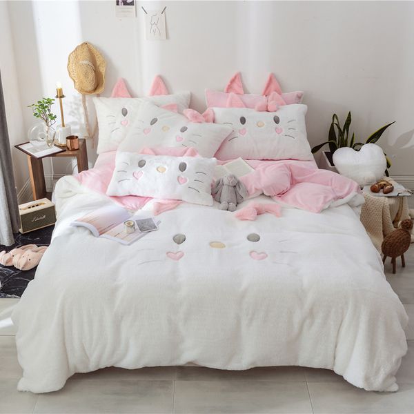 White Pink Gray Winter Thick Flannel Lovely Cat Bowknot Girl