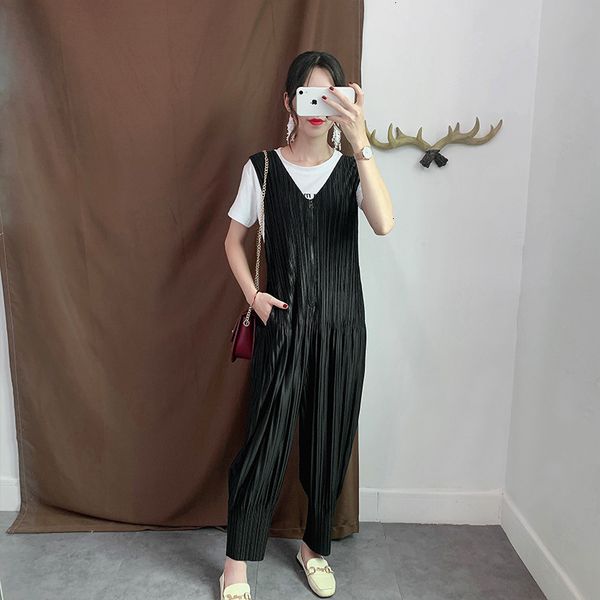 

womengaga 2019 new autumn fashion women clothes vintage pleated v-neck sleeveless zippers wide leg pants jumpsuit b191, Black;white
