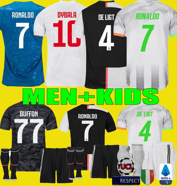 

men kids 2019 2020 juventus ronaldo soccer jersey kits 19 20 de ligt dybala higuain buffon football shirt child full set uniform, Black;yellow