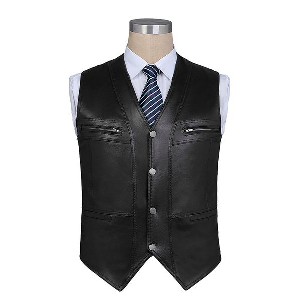 

2019 male sheep skin leather vest fashion waistcoat, Black;white